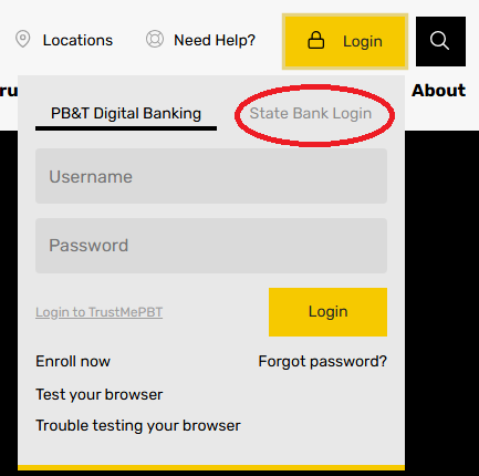 Image of new login with red circle on tab for The State Bank